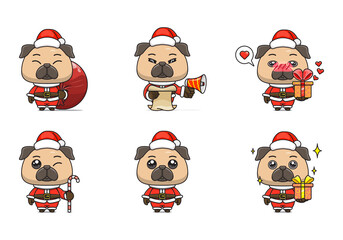cute pug set, animal character bundles in santa costumes, animals wearing christmas costumes. cartoon in kawaii style