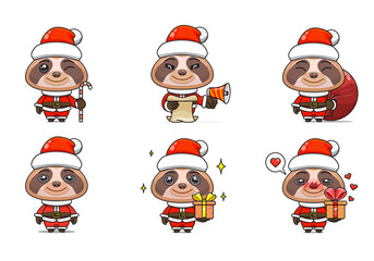 cute sloth set, animal character bundles in santa costumes, animals wearing christmas costumes. cartoon in kawaii style