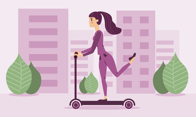 A girl rides a scooter on the background of the city landscape. Vector illustration.