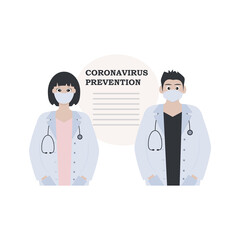 Doctors give recommendations for the prevention of coronavirus. Medicine, pandemic. Vector illustration.