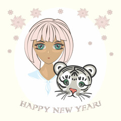 Girl with tiger cub, happy new year greeting card, Chinese zodiac symbol of the year, flat vector design.