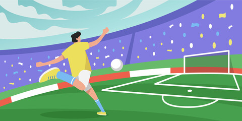 soccer player kicks the ball flat vector illustration design banner