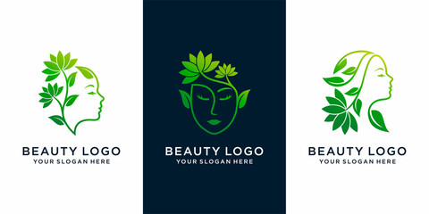 women natural Beauty abstract icon set  logo with line art style logo .spa therapy logo concept. Premium Vector