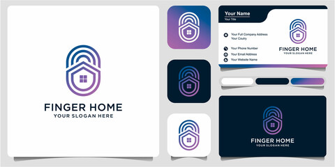 finger print, fingerprint lock,house key, secure security with business card . logo icon illustration Premium Vector