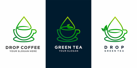 coffee or green tea or tea with water drop and tea leaf combination concept icon set logo design . Premium Vector