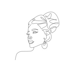 Minimalistic Female Face One Line Drawing. Linear Woman Head. Female Face Modern Abstract Line Art Drawing. Vector Illustration.