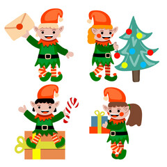 Set of cute eleves preparing to christmas. New year illustration