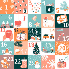 Christmas advent calendar with numbers. Vector winter elements of presents, toys, gingerbread, candy, spruce, bear, cosy houses, snowflakes. Ideal for card, poster, nursery art, kid room decor.