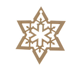 Wooden snowflake on white isolated background. Square image, close-up. Concept of natural Christmas...