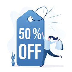 Label with discount 50% off. Happy woman with shopping bags. Female character buys at black friday or sale. Girl client or customer. Concept of commerce and business.