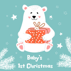 Cute polar bear with a present. Vector Nursery postcard.  Childish print. Card with text Baby first Christmas