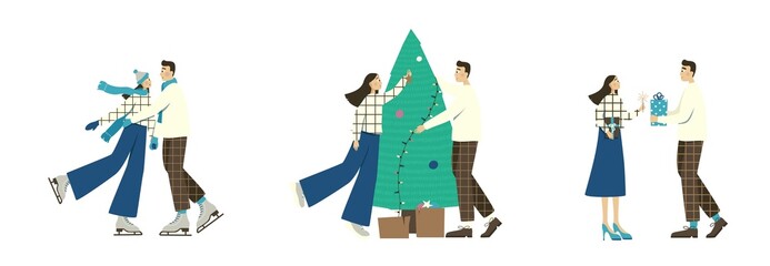Set of three illustrations of a couple in love on the holidays. A guy and a girl go ice skating, decorate the Christmas tree and give each other Christmas gifts. Vector illustration in a flat style.
