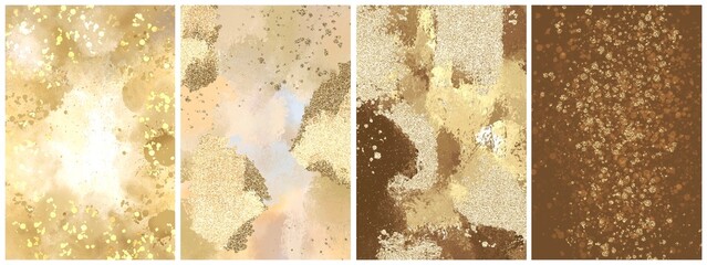 set of elegant luxury textures of golden splashes, modern minimalistic watercolor wallpapers for web design, interior decoration, social media platforms, cards, invitations, high resolution templates 