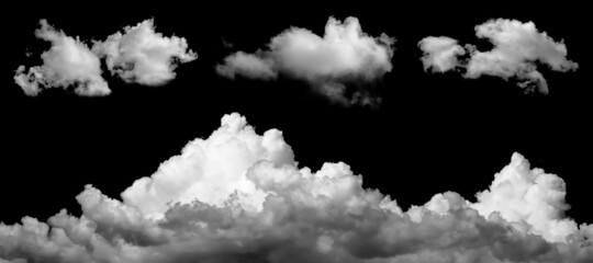 Fototapeta Beautiful white clouds elements set, isolated on black background. obraz