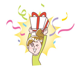 プレゼントを持ち上げて喜ぶ女性