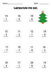 Subtraction with cute Christmas tree. Educational math game for kids.
