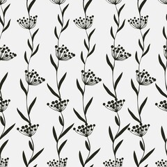 Simple botanical seamless pattern. Silhouettes of tropical leaves. Minimalistic monochrome design for fabric, wallpaper, packaging, background.