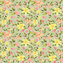 Watercolor floral seamless pattern. Pink, yellow flowers botanical repeat print. Flowers and leaves vintage design. Cute background for textile, fabric, apparel, wrapping paper, packaging, wallpaper.