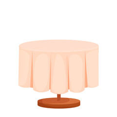 Wooden round table with tablecloth in cartoon style isolated on white background. Cafe, restaurant furniture, empty.