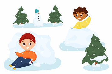 Obraz na płótnie Canvas Children play snowballs outdoors. Winter outdoor games.