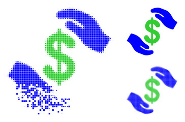 Hands care dollar pictogram with dust effect. Disintegration effect involves round particles. Hands care dollar in dispersed, dotted halftone and base entire vector variants.