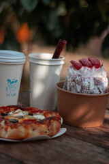 hot cinnamon coffee latte and strawberry dessert 