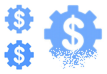 Financial settings pictogram with dissolved effect. Disintegration effect uses circle particles. Financial settings in dissolved, dotted halftone and basic entire vector variants.
