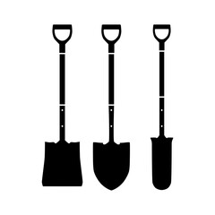 Set garden shovels. Three black silhouettes of shovels for gardening and gardening. Vector illustration isolated on a white background for design and web.