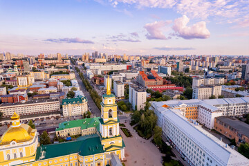 Aerial view City Perm Russia, historical building with sunset, drone photo