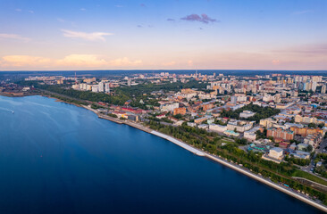 Fototapeta na wymiar Aerial top view panorama city Perm and Kama river Russia, sunset drone photo
