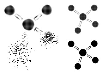 Connections pictogram with fractured effect. Disintegration effect involves small particles. Connections in sparkle, dotted halftone and original whole vector variants.