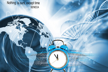 An image of a clock from which particles are separated against the background of flying DNA chains.