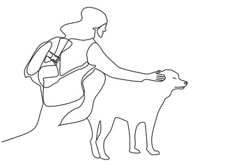 woman with backpack outside loves a dog. a lady who walks and explores in nature loves the wolf