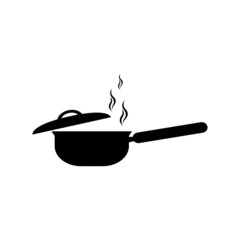 A frying pan with a lid and steam is black on a white background.