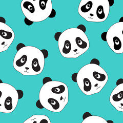 Print. Vector blue background with cute pandas. Cartoon pandas. Panda face pattern.