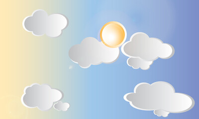 Blue sky with clouds and bright sun, paper art style.