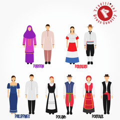 Set of alphabet "P" cartoon characters in traditional clothes.	
