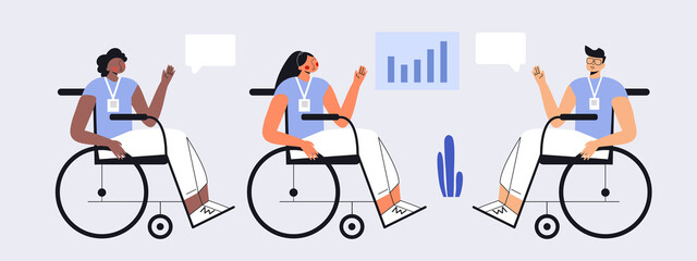 Inclusive office with group of young people with disability in wheelchair working on project. Social inclusion concept. Business conference, teamwork, conversation. Flat vector cartoon illustration
