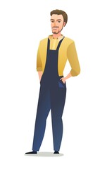 Man in overalls. Service guy. Handyman, locksmith or repairman. Cheerful person. Standing pose. Cartoon comic style flat design. Single character. Illustration isolated on white background. Vector