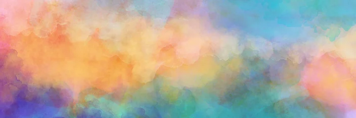 Rolgordijnen Watercolor background, sunset sky with puffy clouds painted in colorful skyscape with texture, cloudy Easter sunrise or colorful sunset in abstract illustration © Arlenta Apostrophe