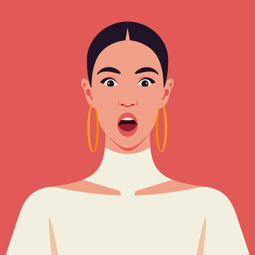 Latin American Woman's Frightened Face. Fears And Shock. Surprise. Vector Flat Illustration