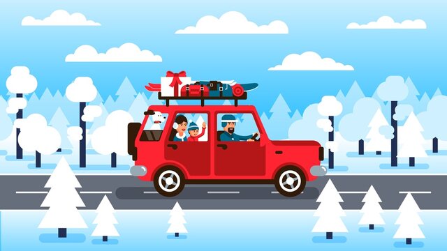 Family drives a car on winter vacation along forest road. Family is going to the Christmas holidays. Vector illustration.