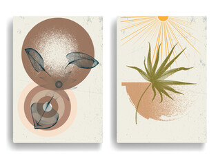 Modern wallpaper with minimalist design elements . Botanical art. Backgrounds in Boho style  . Wall art , home deco . Contemporary posters with leaves and geometric shapes .Vector abstract wallpaper.