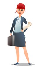 Woman engineer in suit and protective helmet. Office girl at construction site. Cheerful person. Standing pose. Single Character cartoon comic style. Illustration isolated white background. Vector