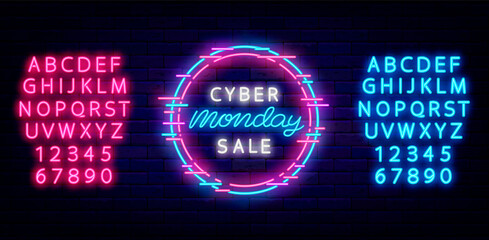 Cyber monday sale neon text in glitch circle. Editing alphabet. Isolated vector illustration