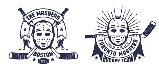 Hockey emblem with retro goalie mask. Vintage team logo with hockey sticks and mask. Vector illustration.