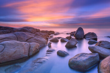 Beautiful seascape of Thailand during sunset in Larn Hin Kaw at Hadmarrumphung ,Rayong Thailand.