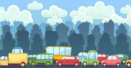 Heavy traffic on road. Seamless horizontal cartoon illustration. Asphalt path. Summer city landscape. Different cars in comic style. Vector