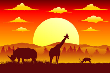 Naklejka na ściany i meble Silhouette of sunset in safari landscape