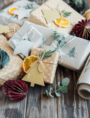 Christmas  decorative homemade gift box wrapped in brown kraft paper